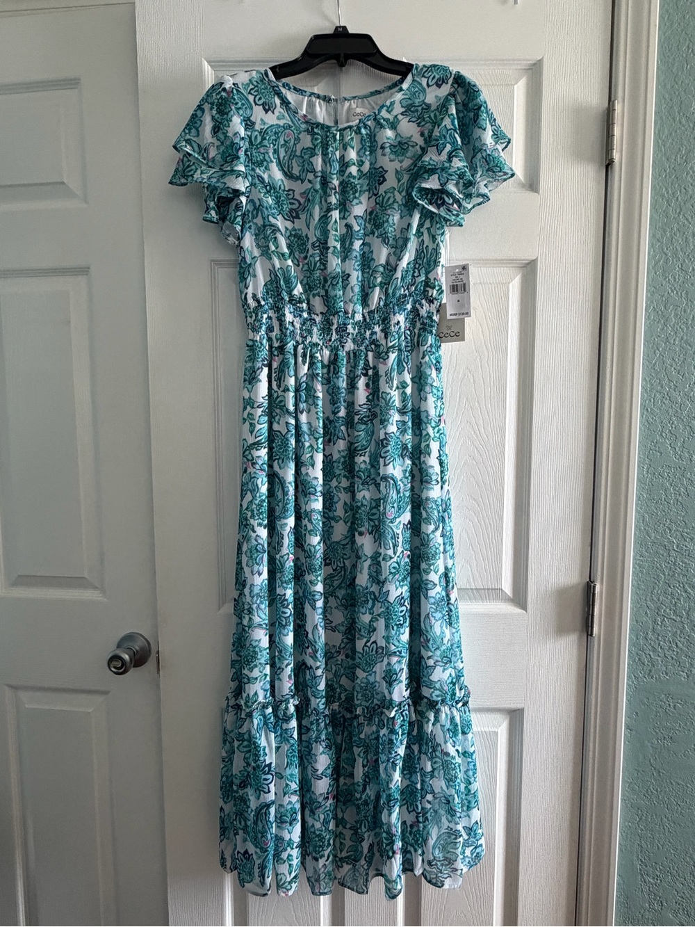 CeCe White and Teal Floral Maxi Dress with Ruffle Sleeves